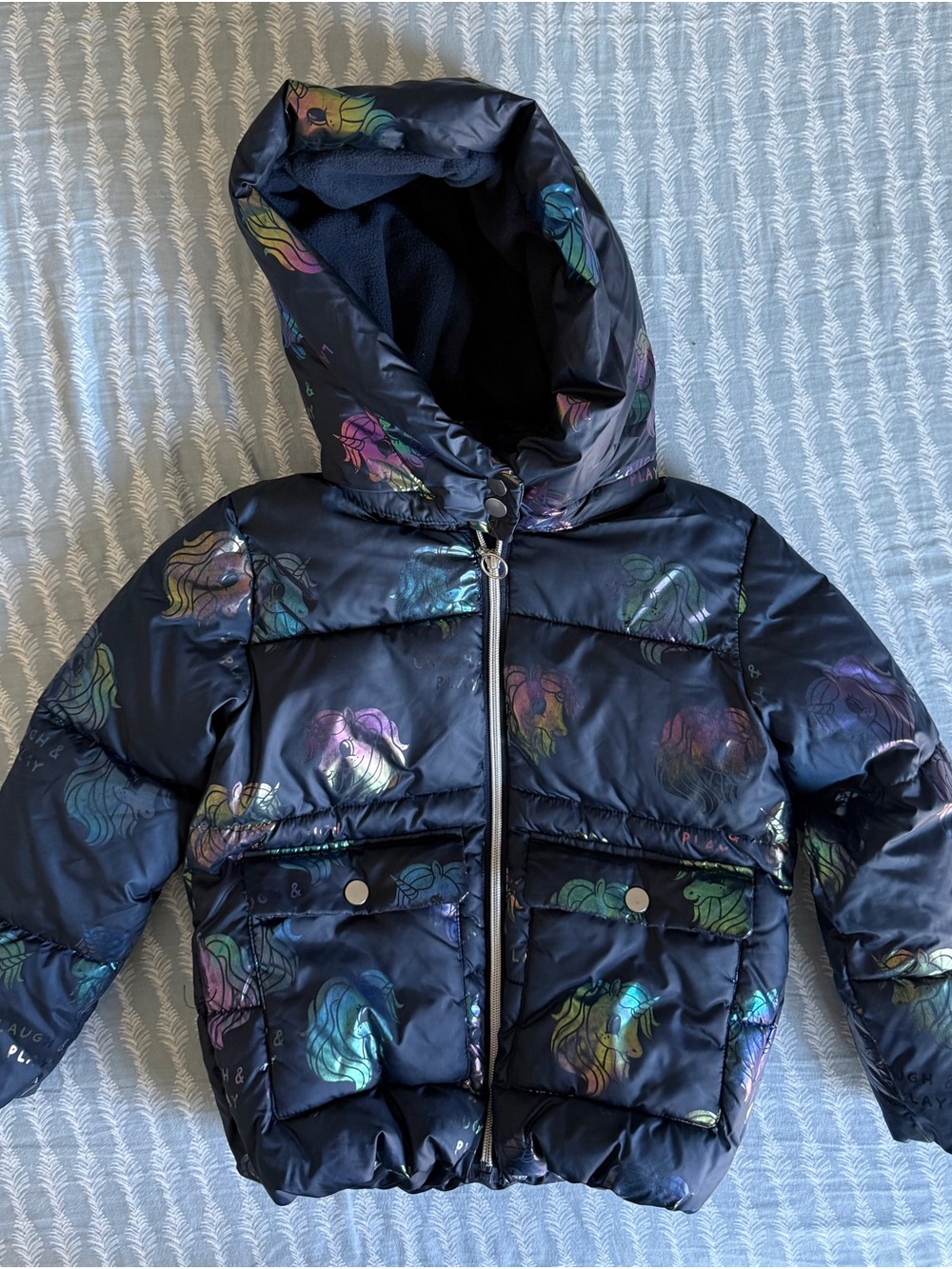 H&M Girls' Navy Iridescent Unicorn Puffer Jacket with Removable Hood